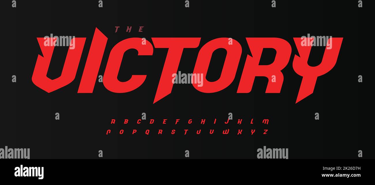 Victory bold font, red Italic speed alphabet with bevel inside letters. Dynamic headline and superhero logo. Type for sport, race, gym, car, automotive, shirts, game, cinema. Vector typography Stock Photo