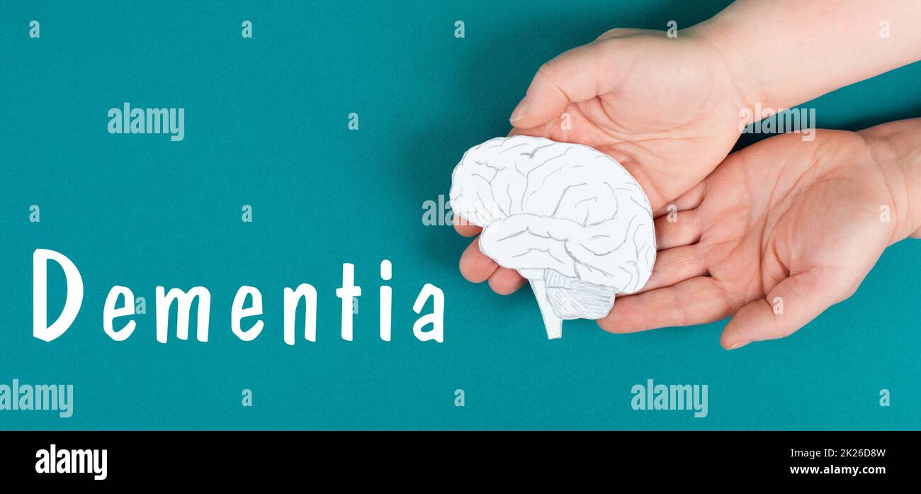 Dementia is standing on a paper, hands holding brain, disease diagnosis, Alzheimer's illness, awardness day Stock Photo