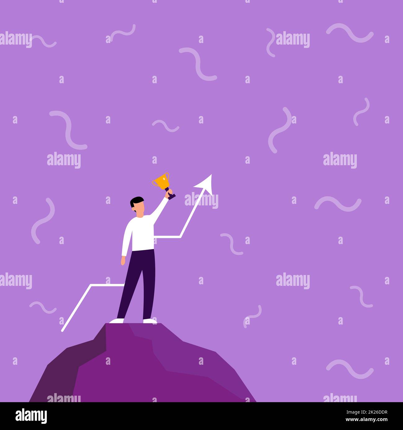 Illustration Of Businessman Standing Alone On Big Rock Proudly Holding Up High Trophy. Man Drawing Top Of Cliff Hanging One Handed Shiny Golden Cup . Stock Photo