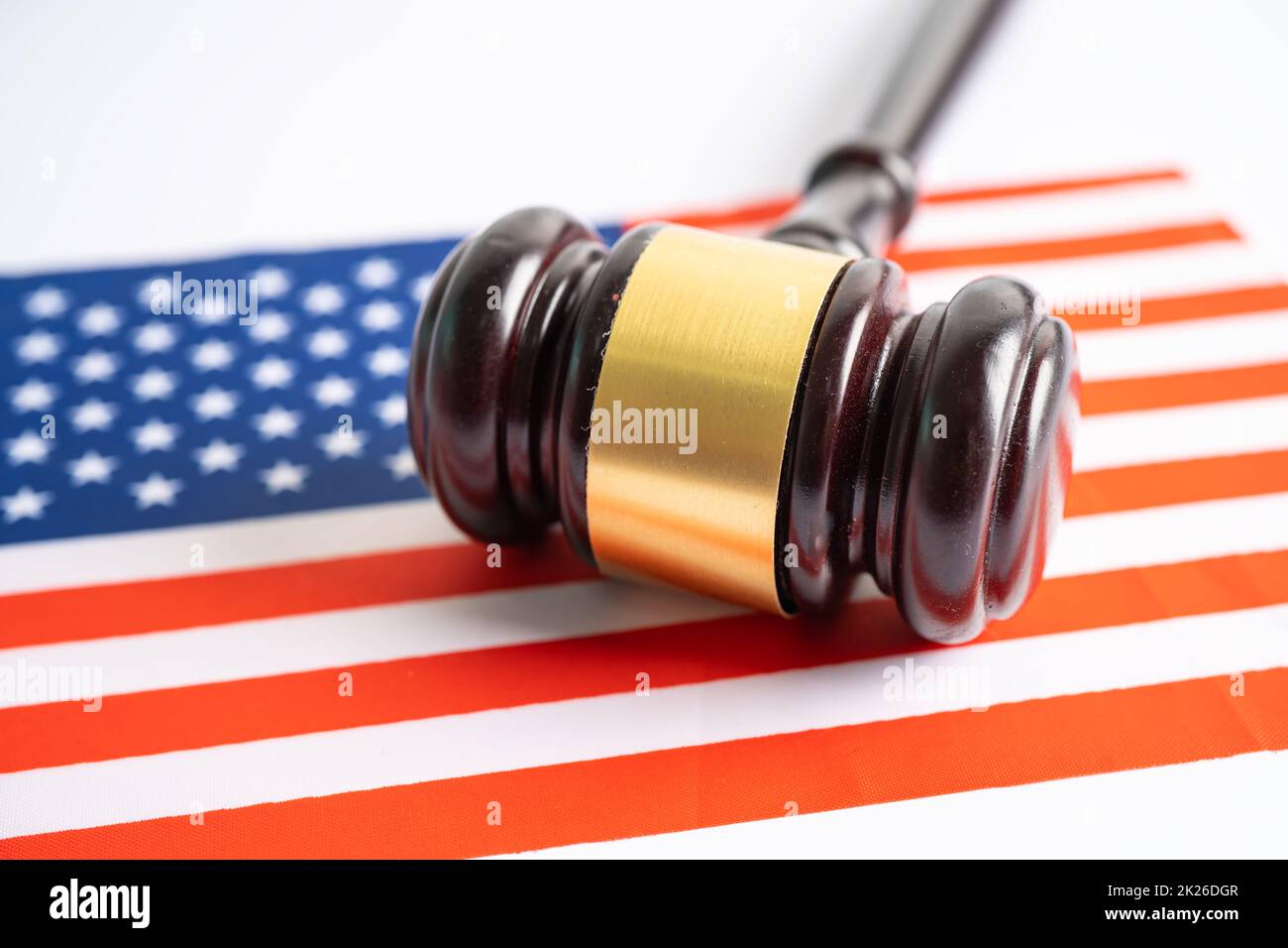 USA America flag with gavel for judge lawyer. Law and justice court concept. Stock Photo