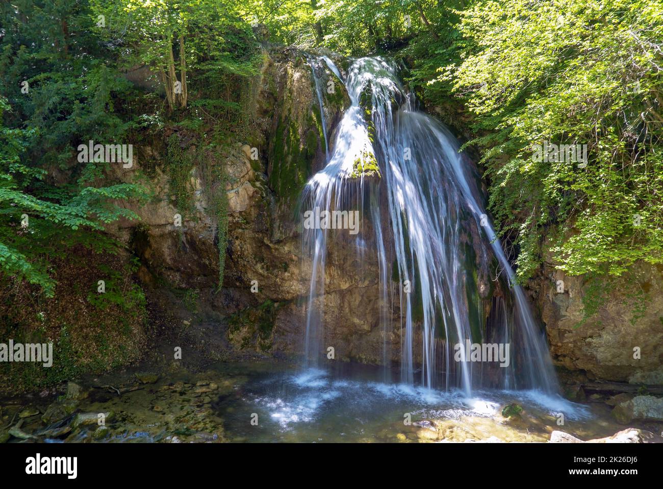 Dzhur-Dzhur waterfall on the river East Ulu-Uzen in the gorge haphal, Crimea Stock Photo