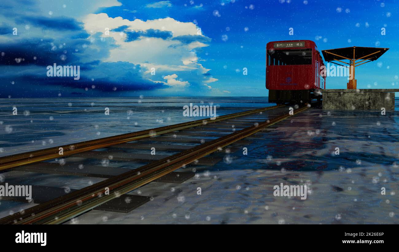 The 3d rendering nice train view with nice background ,with chinese character direct train from Jinlu to Green Island Stock Photo