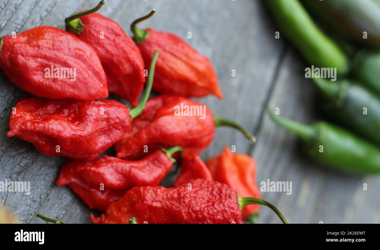 Fresh Peppers outdoors at rural farmers market, Jalapeno, Cayenne and