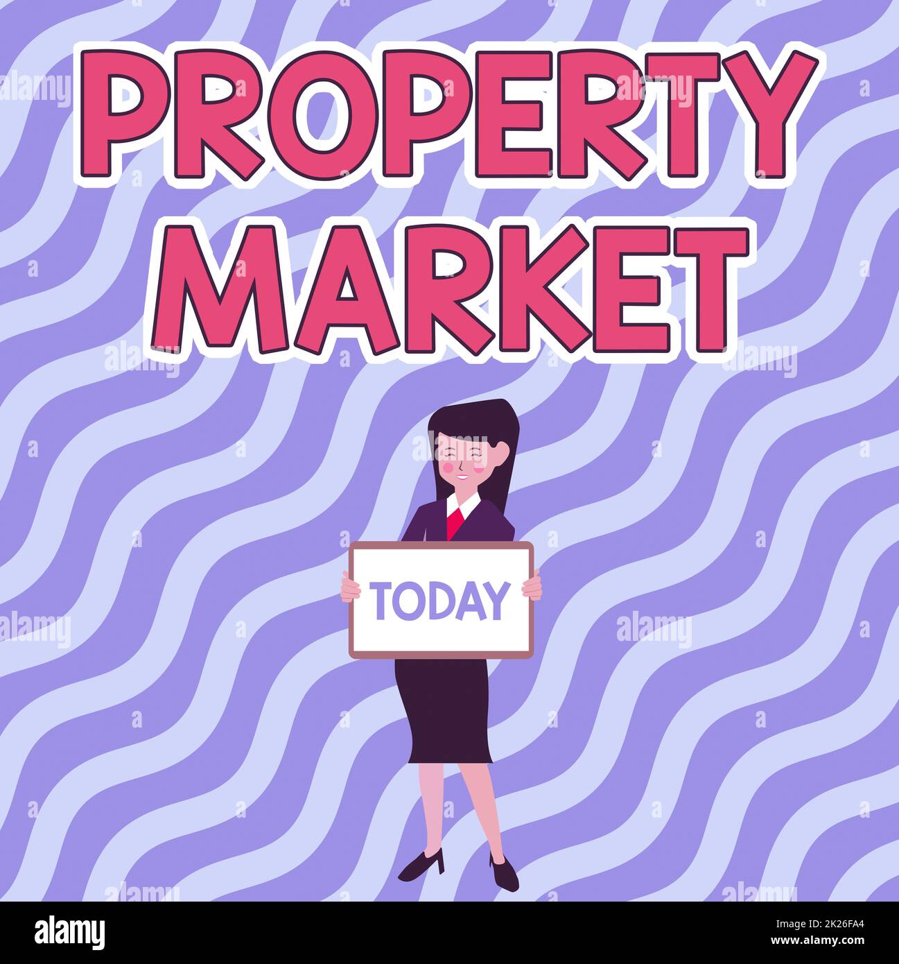 Sign displaying Property Market. Internet Concept the buying and selling of land and buildings Estate market Beautiful Lady Standing Holding Whiteboard Presenting New Announcement. Stock Photo