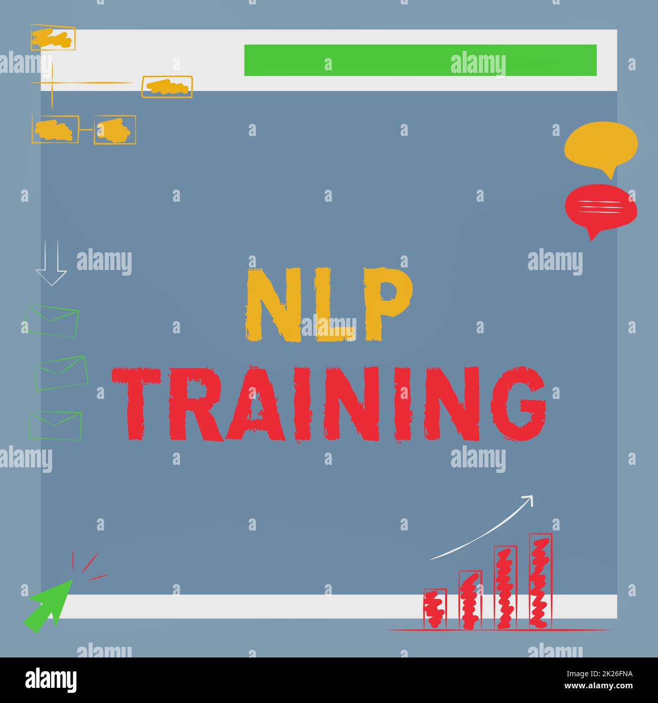 Conceptual caption Nlp Training. Concept meaning words have power approach includes seminar, coaching, training, and advice Illustration Of Board Receiving Messages And Searching Improvements. Stock Photo