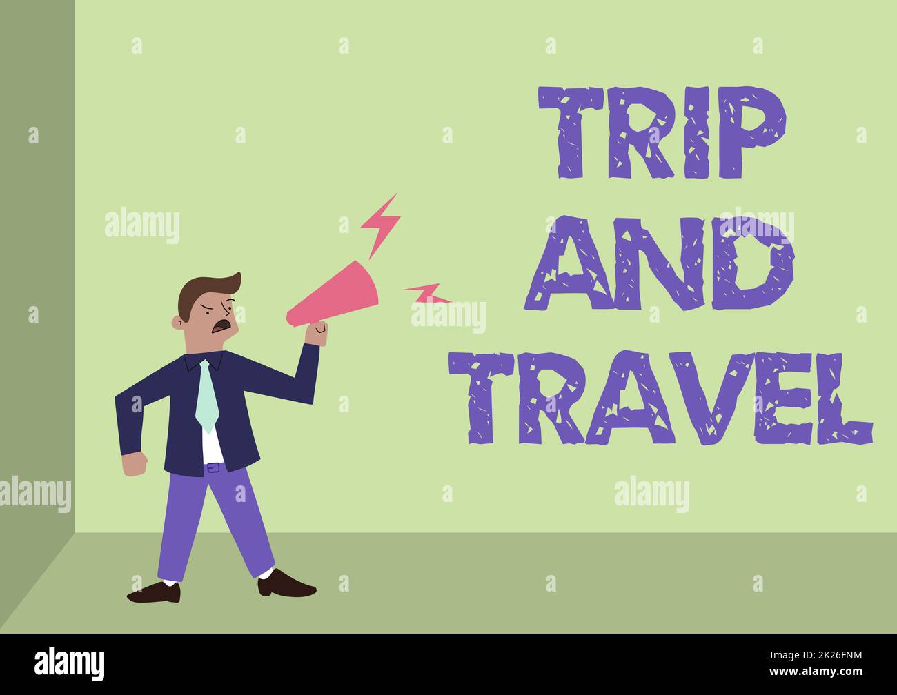 Handwriting text Trip And Travel. Business approach famous landmarks and tourist destinations planning Man Standing Shouting Over Megaphone Presenting New Announcment. Stock Photo