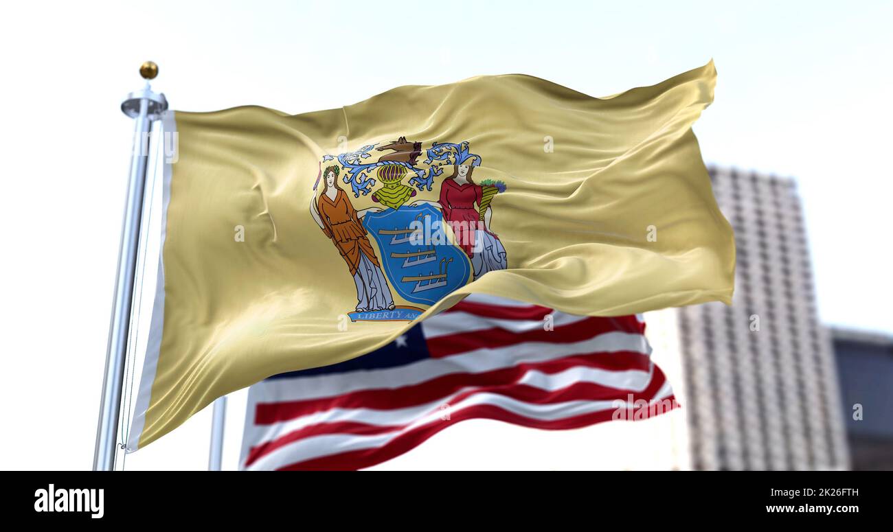 the flag of the US state of New Jersey waving in the wind Stock Photo