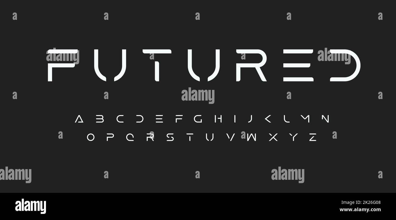 Modern Futured alphabet. Cutting-Edge sci-fi, space, futuristic font. Minimalist modular style letters for logo, headline, monogram, poster, music or movie cover. Vector future typographic design Stock Photo