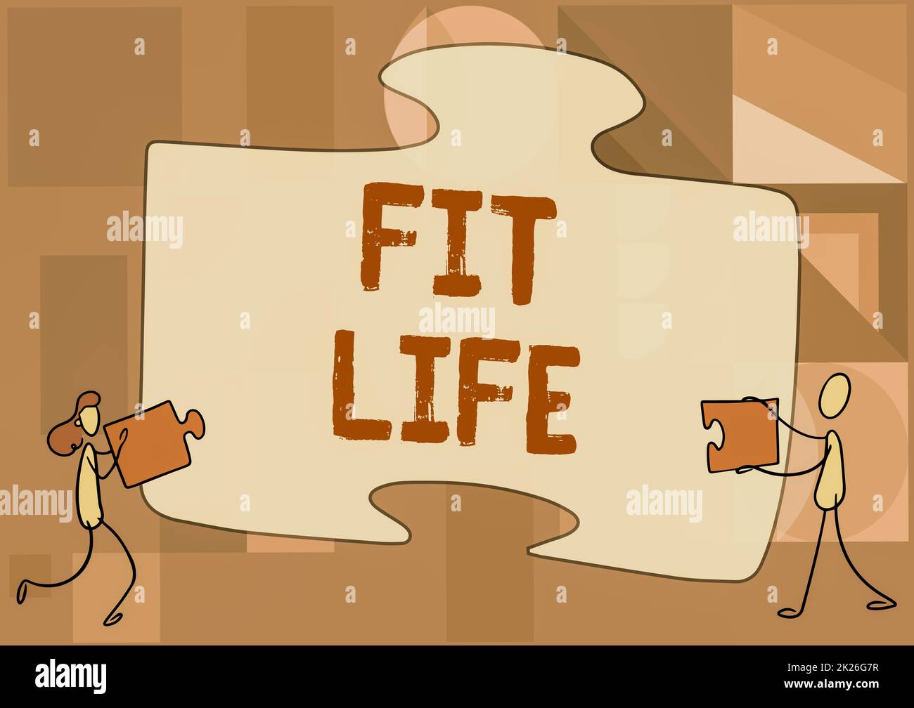 Sign displaying Fit Life. Business idea maintaining a healthy weight with diet and exercise Healthy living Colleagues Drawing Fitting Two Pieces Of Jigsaw Puzzle Together Teamwork. Stock Photo