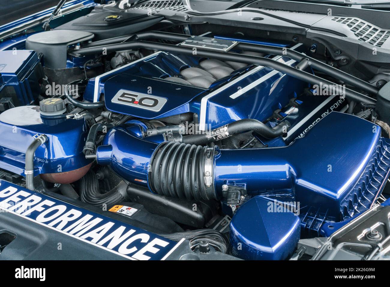 Ford Mustang engine. Blackpool Ford Day 2022. Stock Photo
