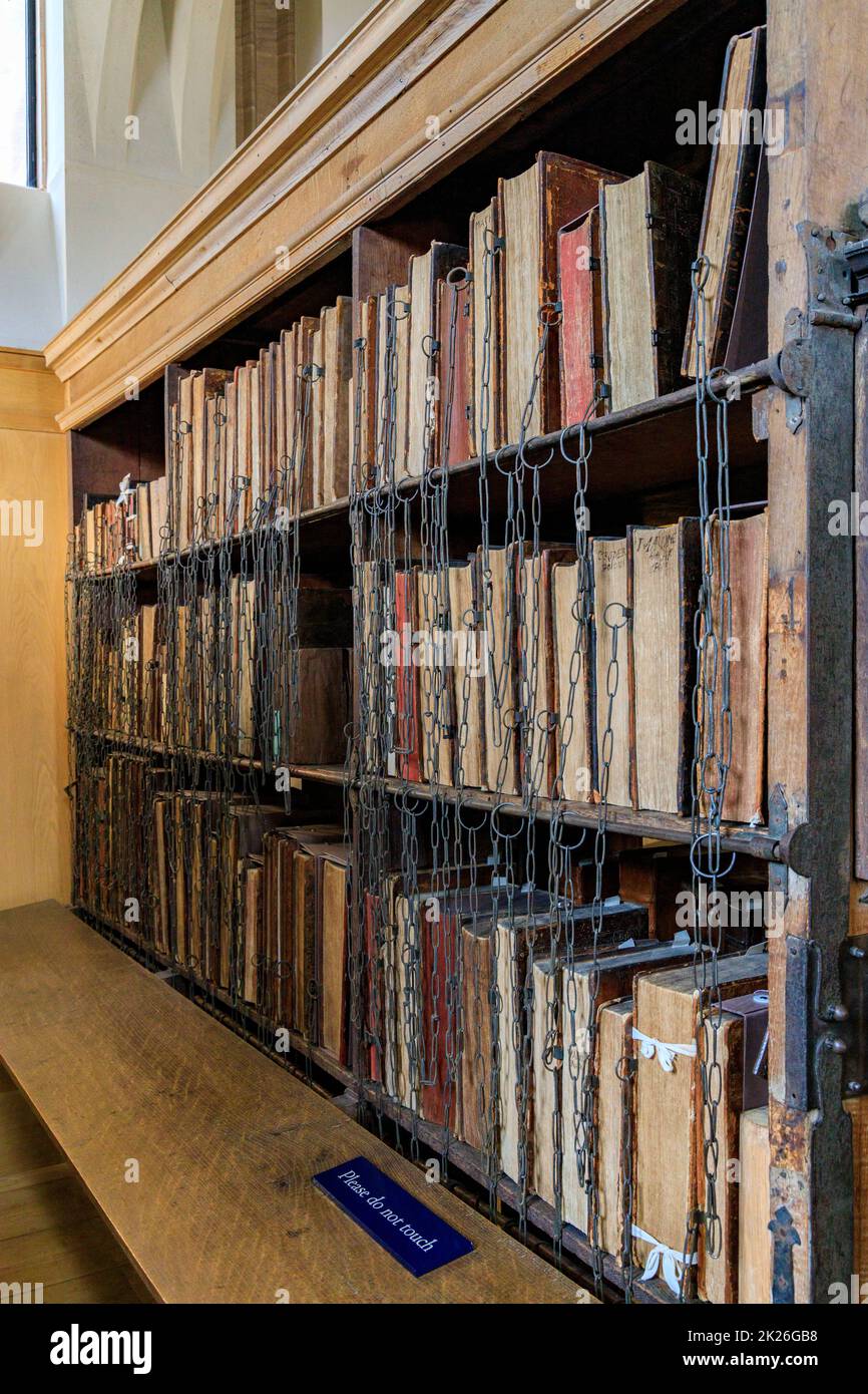 The 17th century Chained Library in Hereford Cathedral is the largest surviving example in Europe, Herefordshire, England, UK Stock Photo