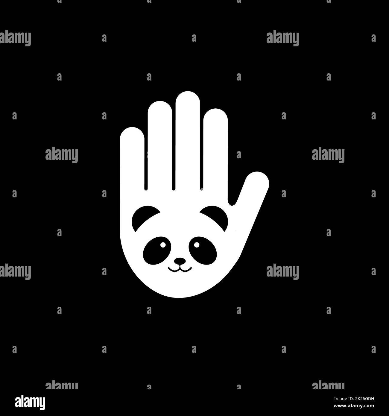 Isolated black and white image of panda head on hand vector logo. Save pandas symbol.Bamboo bear image. Extinct animal sign. World panda day. Protect wild animals. Chinese nature. Volunteering logo. Stock Photo