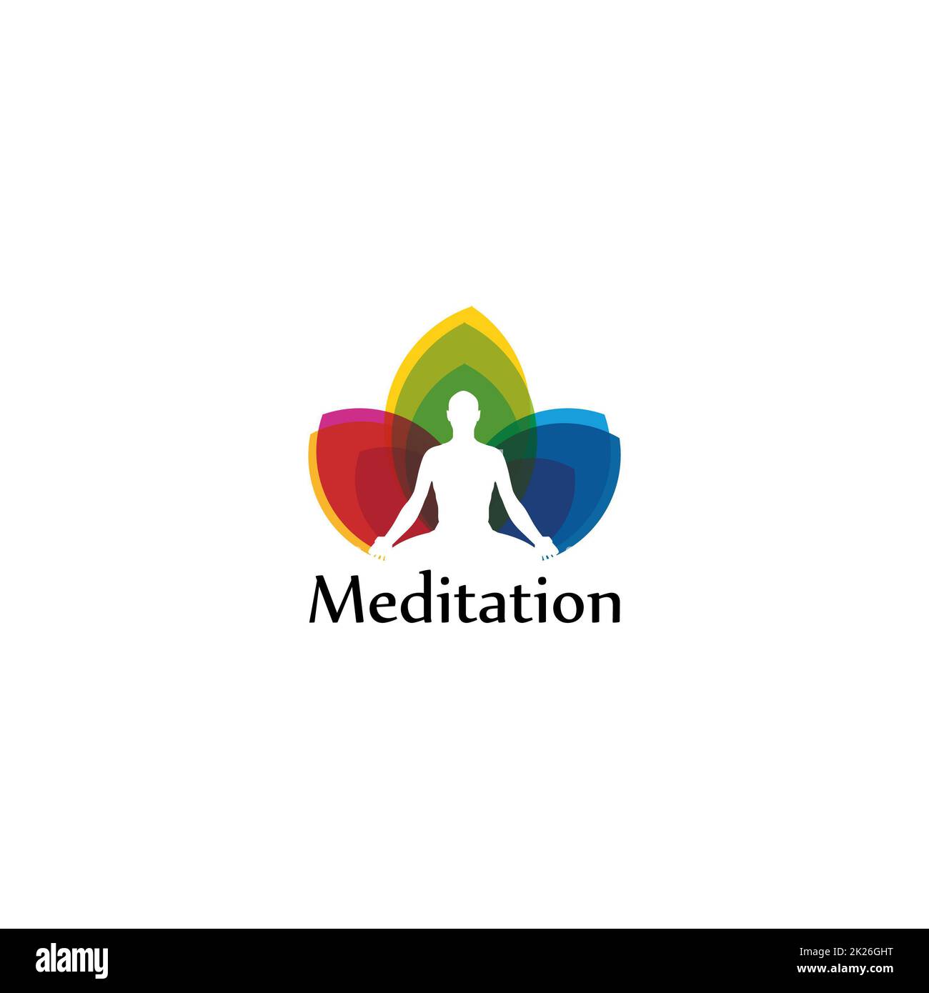 Logo for the yoga studio. Relax studio logo. Meditation. Buddhist teachings. Vector logo meditation master. Human development, self-development, self-improvement. Vecto colorful sign. Stock Photo