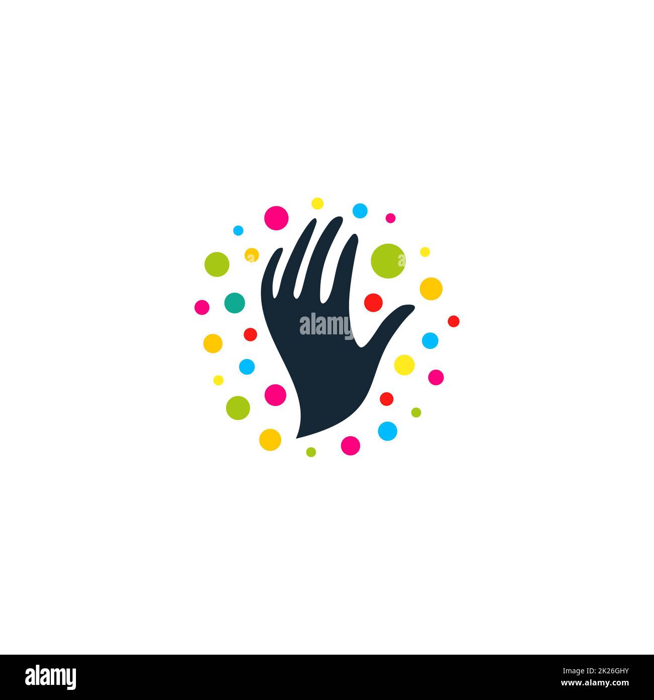 Round logo with the image of black hands, colorful balloons and merry festive beads around his hands vector illustration Stock Photo