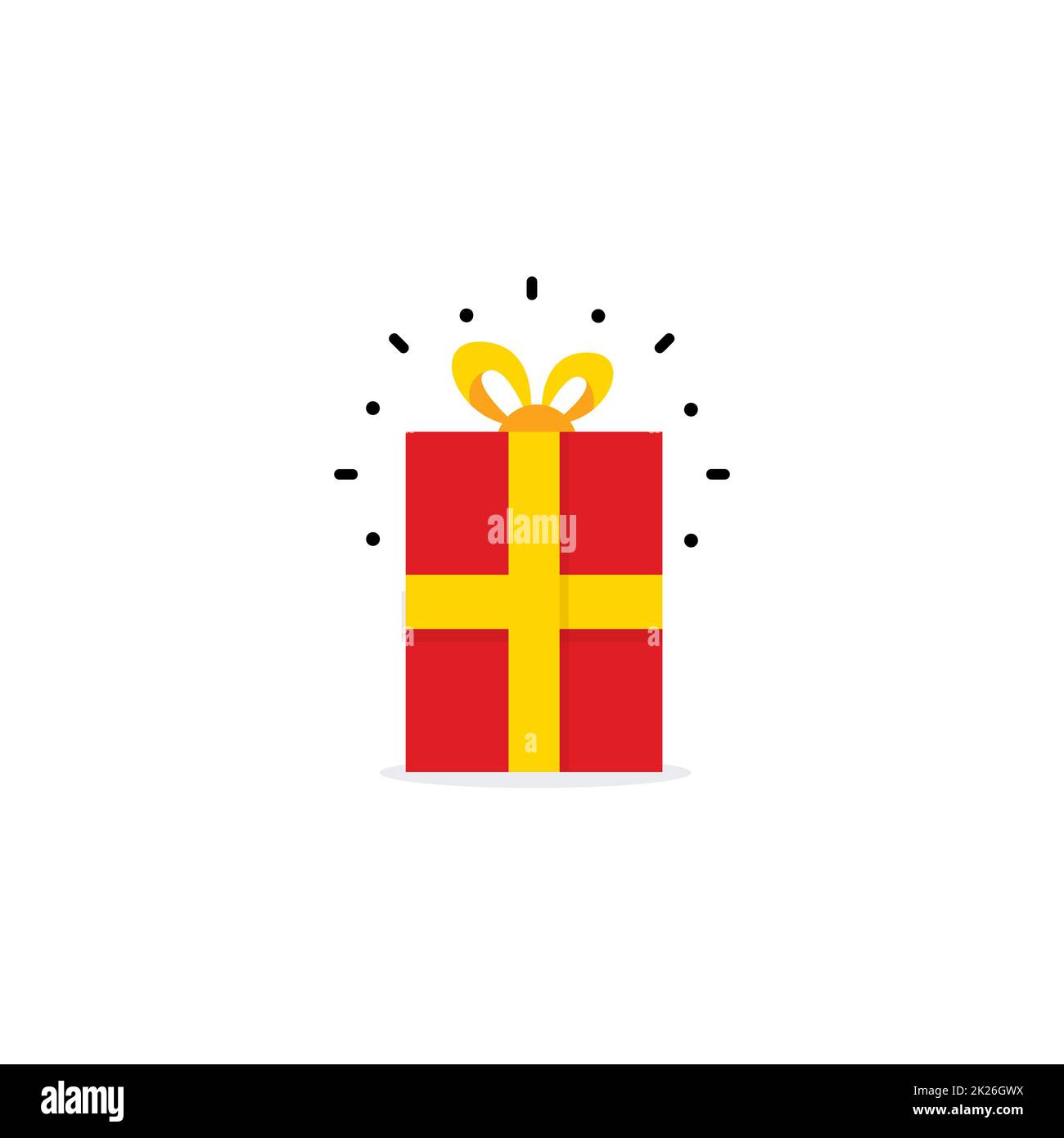 Gift box with yellow ribbons and linear rays, Red box icon, Present on