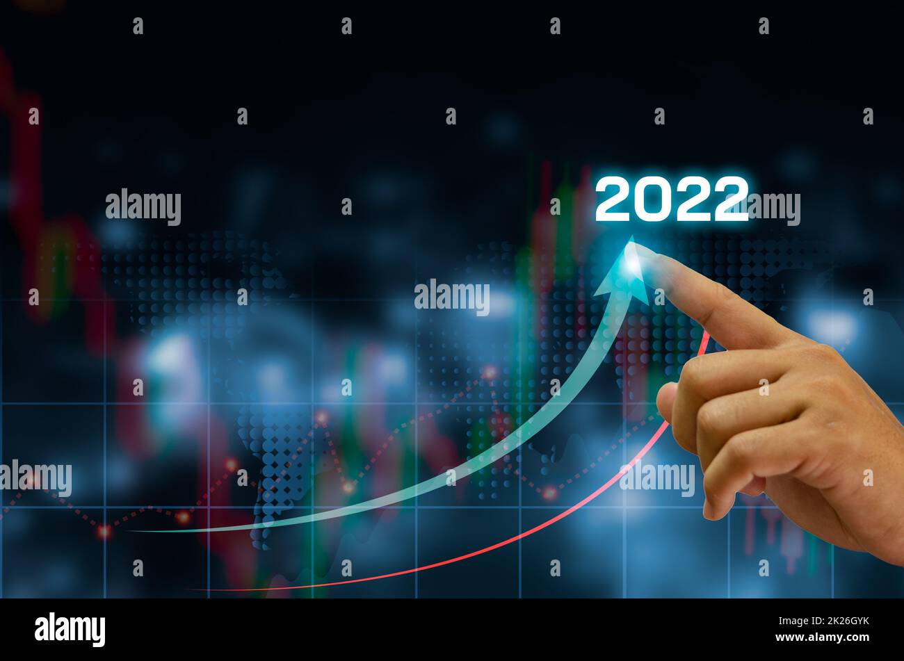 Hand touches the arrow and the 2022 growth plan data chart arrow with diagram 2022 budget Stock Photo