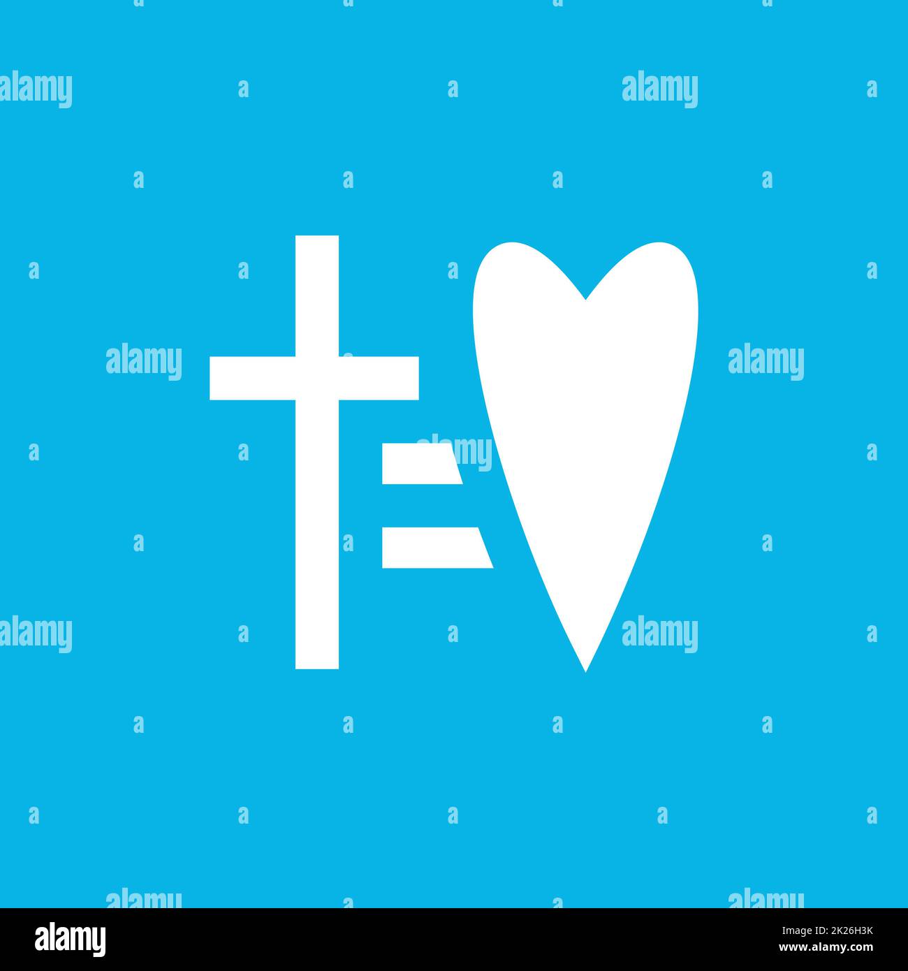 Cross equal to heart vector icon. Laconic religious symbol logo template. Faith and love logotype. Linear style sign. White flat abstract symbol. Isolated vector illustration on blue background. Stock Photo
