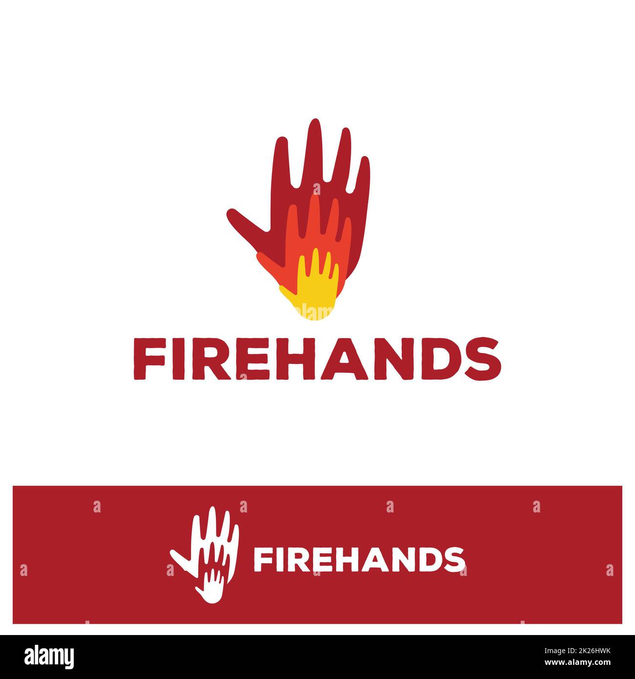 Isolated red and yellow hands on fire logo. Fire symbol. Firefighters logotype. Risk of burns illustration. Olympic games emblem. Energy sign. Prometheus' element. Stock Photo