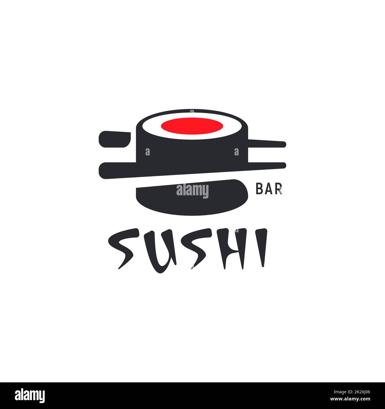 Sushi and rolls with chopstick bar or restaurant vector logo template. Japanese or chinese traditional cuisine, tasty food icon. Abstract black and red color for asian emblem. Stock Photo