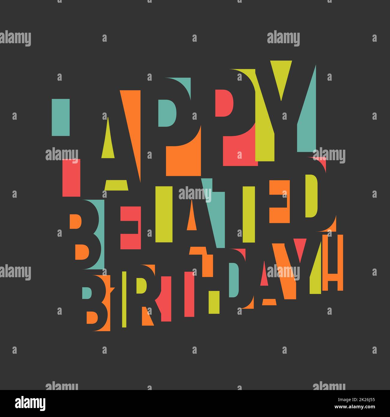 Greeting card for birthday. Colorful letters and confetti on black