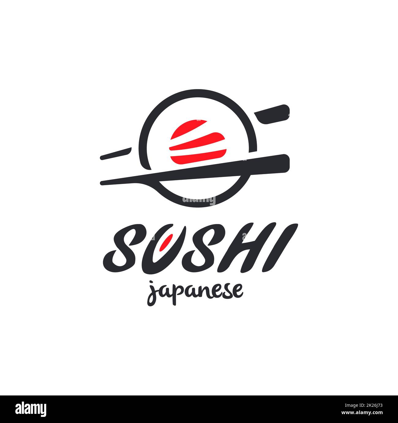 Sushi and rolls with chopstick bar or restaurant vector logo template. Japanese or chinese traditional cuisine, tasty food icon. Abstract black and red color for asian emblem. Stock Photo