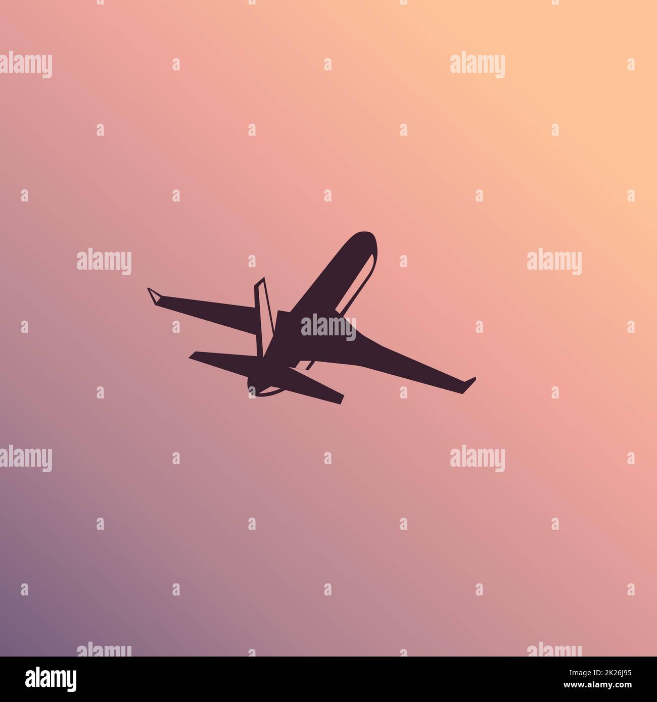 Isolated airliner, airplane vector illustration, logo, icon. Sunrise, sunshine background. Stock Photo