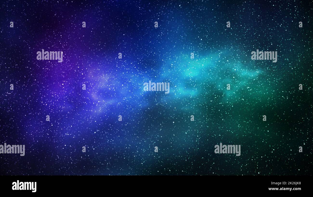 Night starry sky and bright blue green galaxy, horizontal background
