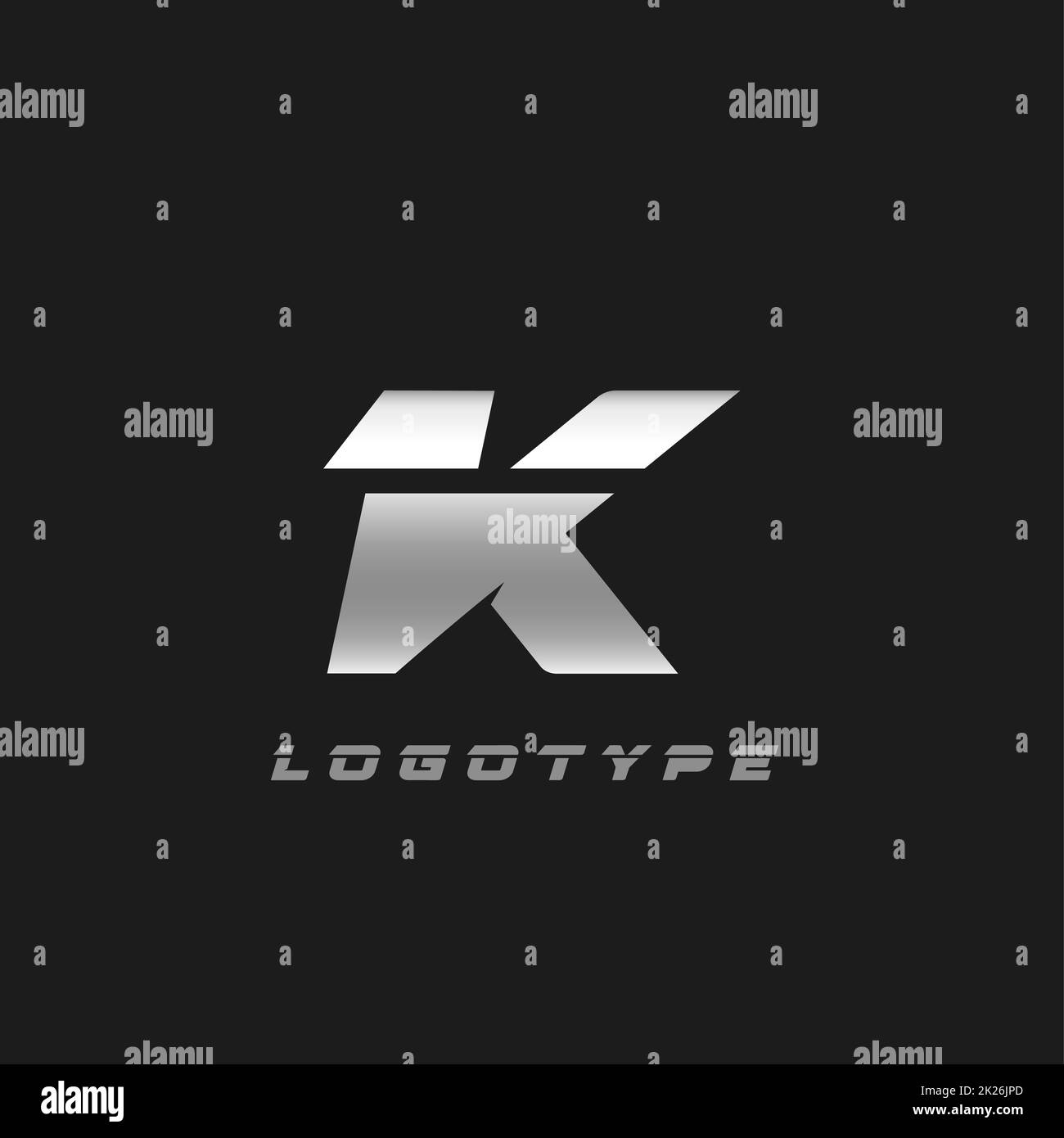 Blade silver letter K, bold italic cropped monogram. Aluminium iron metallic vector emblem for auto repair shop or automotive and race service modern logo. Stock Photo
