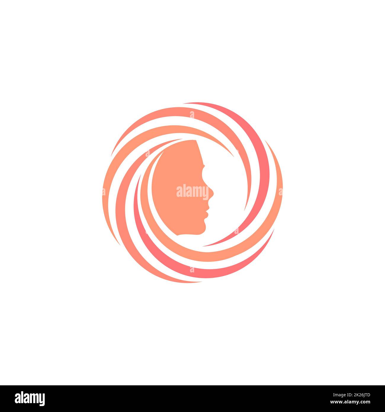 Circular logo with a face inside the ring. Abstract hair care products symbol, shampoo and hair styling styles for women and girls round vortex logo. Stock Photo