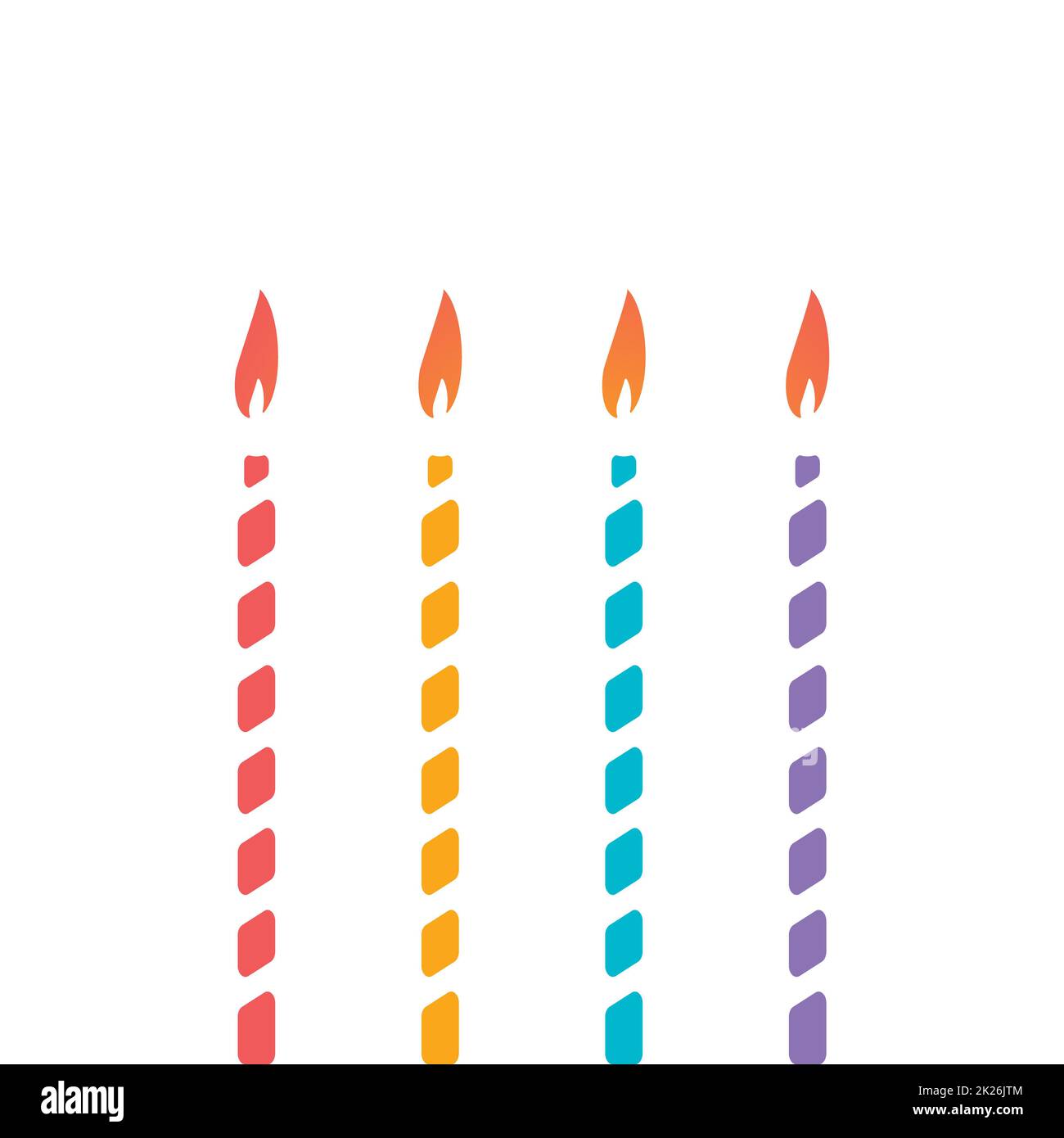 Set of thin decorative candle for cake. Decoration of children's holiday, birthday, anniversary, christmas, new year. Isolated colorful candles with candlelight and white stripes. Vector illustration. Stock Photo