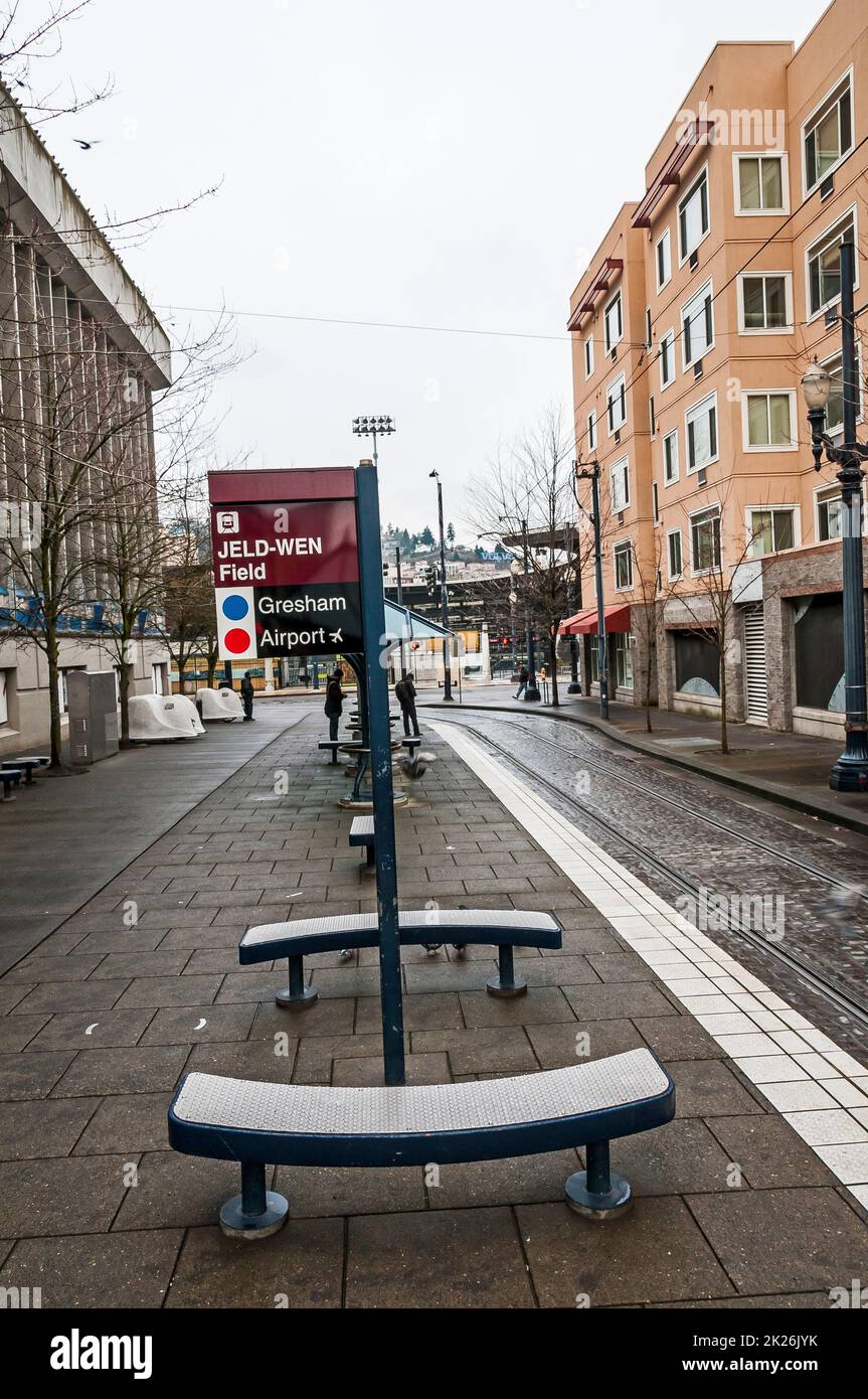 Waiting area for light rail on SW Morrison in Portland, Oregon. Stock Photo