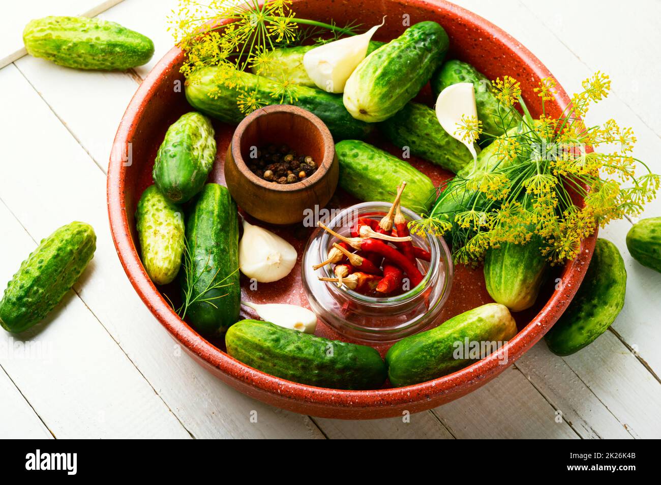 Fresh cucumbers and ingredients for cooking pickled cucumbers Stock