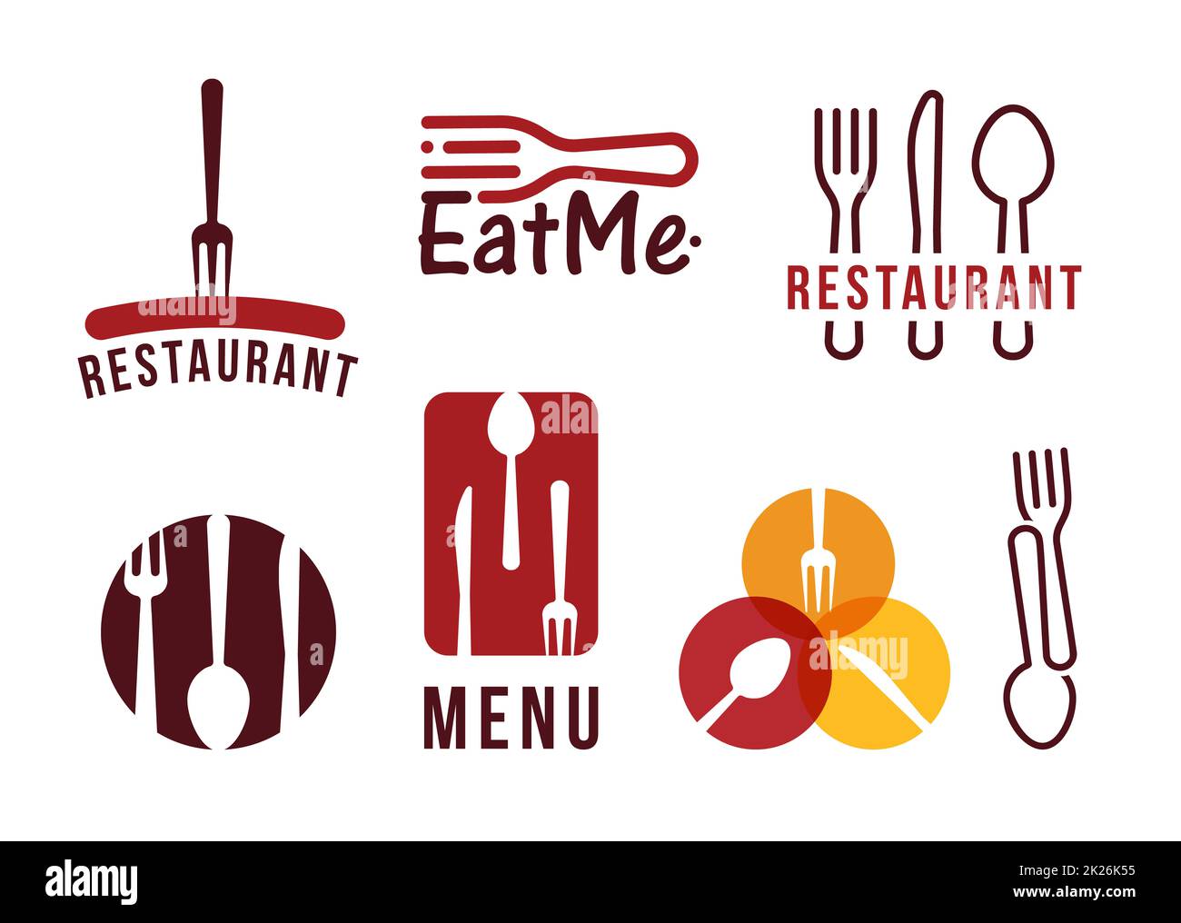 Restaurant vector logo set, flat cartoon style. Fork, knife and spoon, barbecue sausage, modern graphics for restaurant cafe menu, isolated on white background Stock Photo