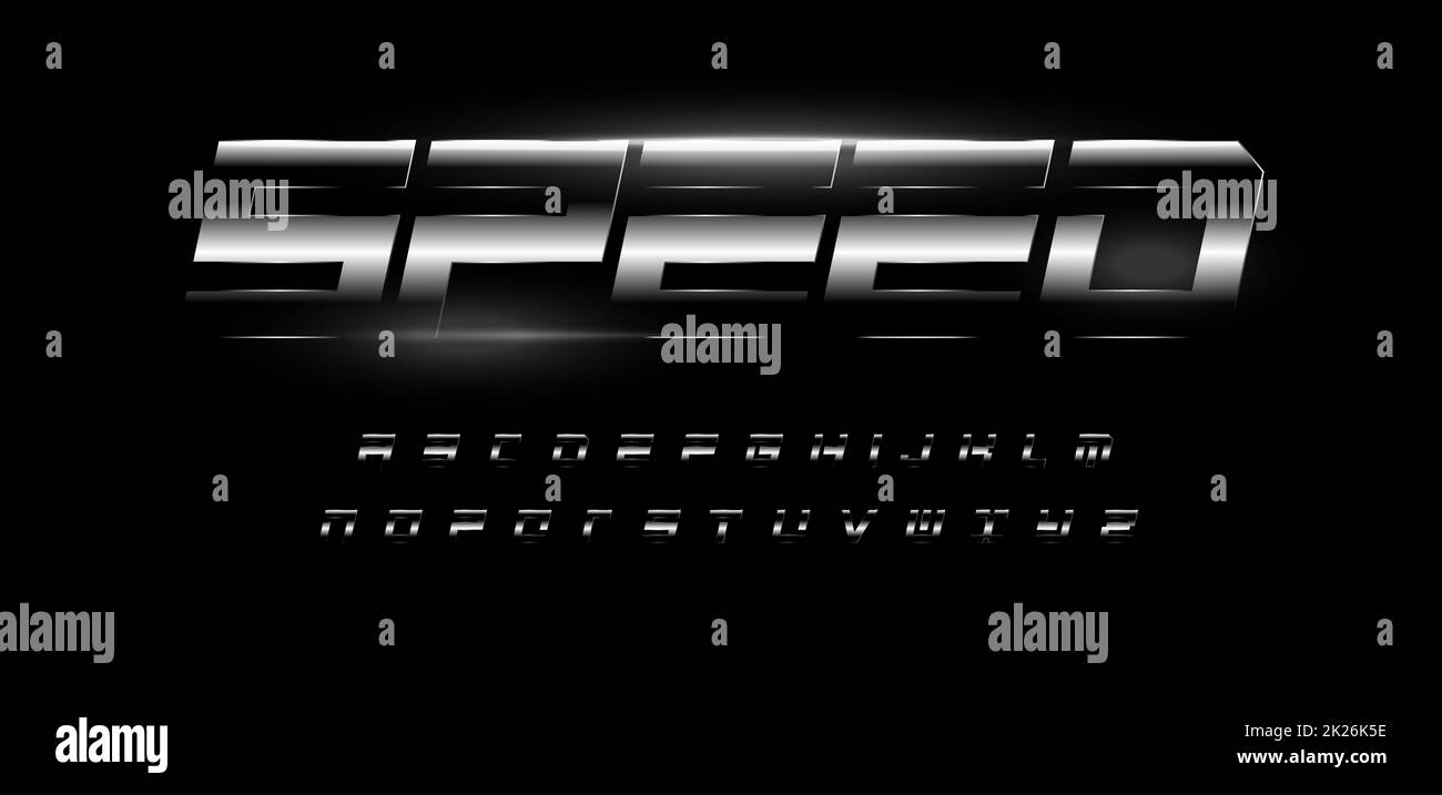 Speed alphabet. Bold italic letters with glossy steel metal gradient effect . Dynamic font for automotive, sport and gym, auto repair shop logo or monogram, race typographic. Vector symbol design Stock Photo