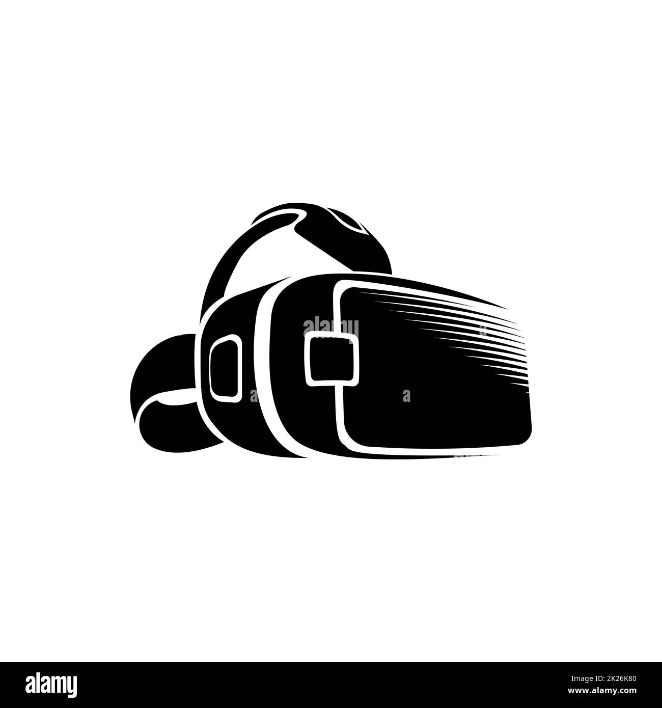 Isolated vr headset logotype on white background. Black color virtual reality helmet logo. Head-mounted display icon. Modern gaming device. Simulation smartglasses vector illustration . Stock Photo