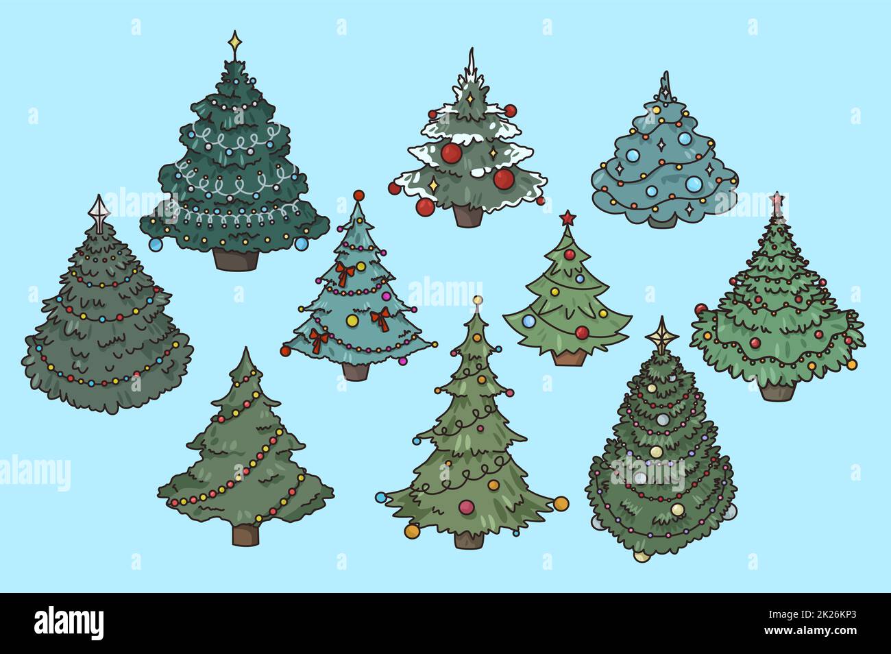 Set of different fir-trees with decoration Stock Photo