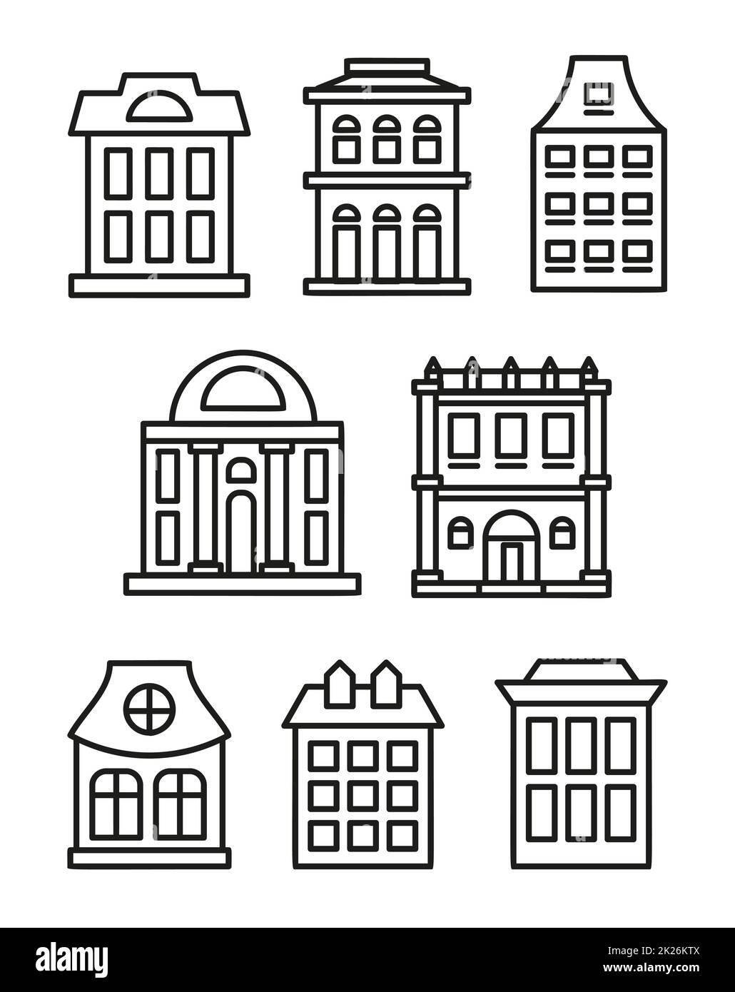 Isolated black and white color low-rise municipal houses in lineart style icons collection, elements of urban architectural buildings vector illustrations set. Stock Photo
