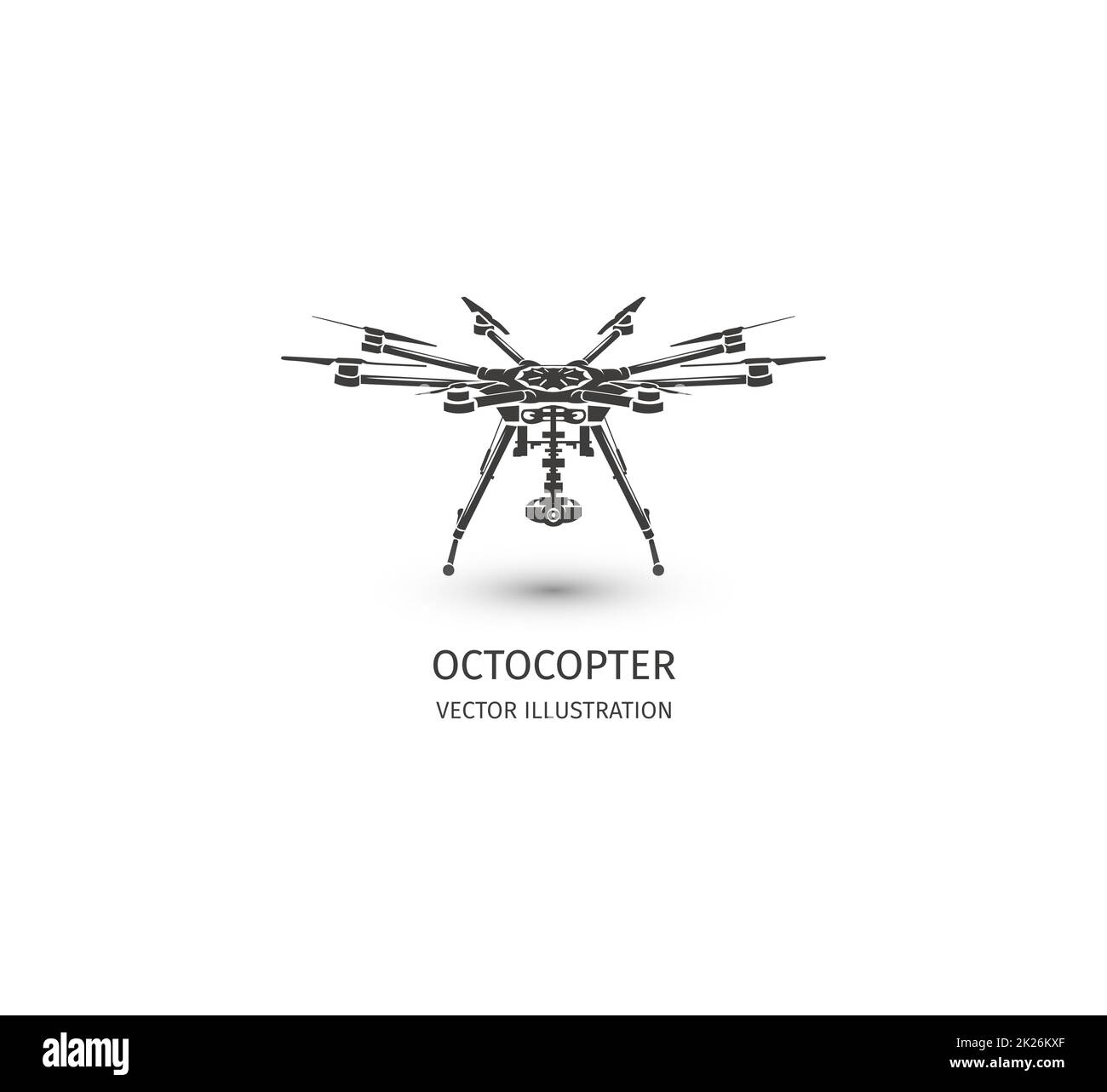 Isolated rc drone logo on white. UAV technology logotype. Unmanned aerial vehicle icon. Remote control device sign. Surveillance vision multirotor. Vector octocopter illustration. Stock Photo