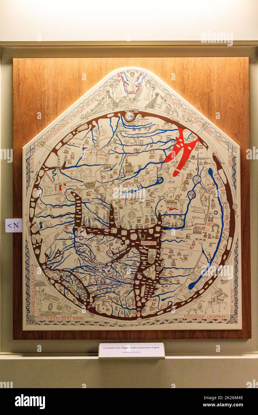 A facsimile of the Mappa Mundi, a medieval map of the known world dating from c1300, is displayed in Hereford Cathedral, Herefordshire, England, UK Stock Photo