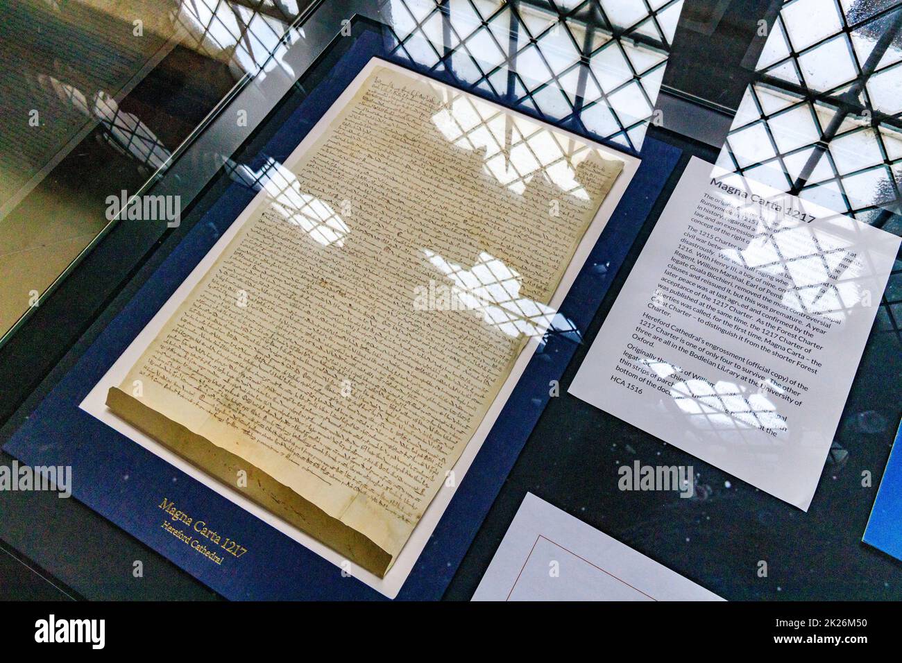 A copy of the 1217 Magna Carta, one of the world's most famous historic documents is displayed in Hereford Cathedral, Herefordshire, England, UK Stock Photo