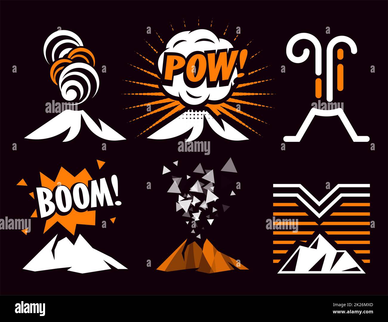 Volcano magma eruptio icon collection. Spectacular natural phenomenon painted in cartoon style set. Volcanic toxic clouds and mountain logo. Graphic anger metaphor illustration. Stock Photo