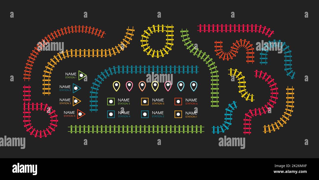 Railroad tracks, subway stations map top view, infographic elements ...