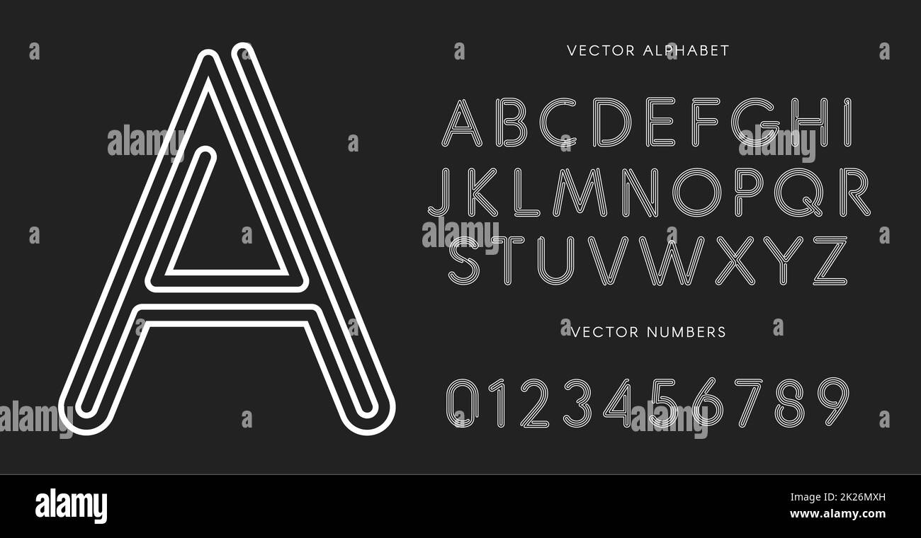 Line letters and numbers set on black background. Monochrome vector latin alphabet. Lacing white font. Rope ABC, maze monogram and poster template. Typography design. Stock Photo