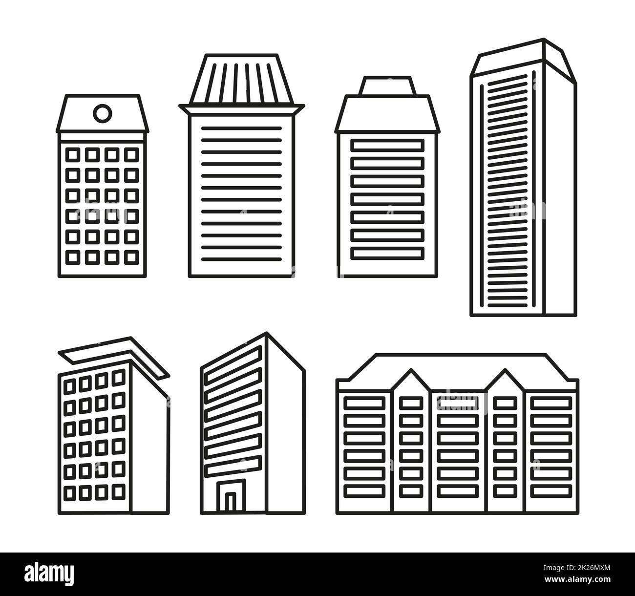 Isolated black and white color blocks of flats and low-rise houses in lineart style icons collection, elements of urban architectural buildings vector illustrations set. Stock Photo