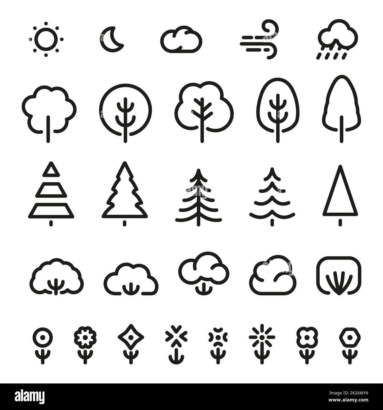 Isolated black color outlined coniferous trees,bushes,flowers and weather forecast signs in monochrome lines logo set. Simple flat vector illustrations of nature elements on white. Eco symbols. Stock Photo