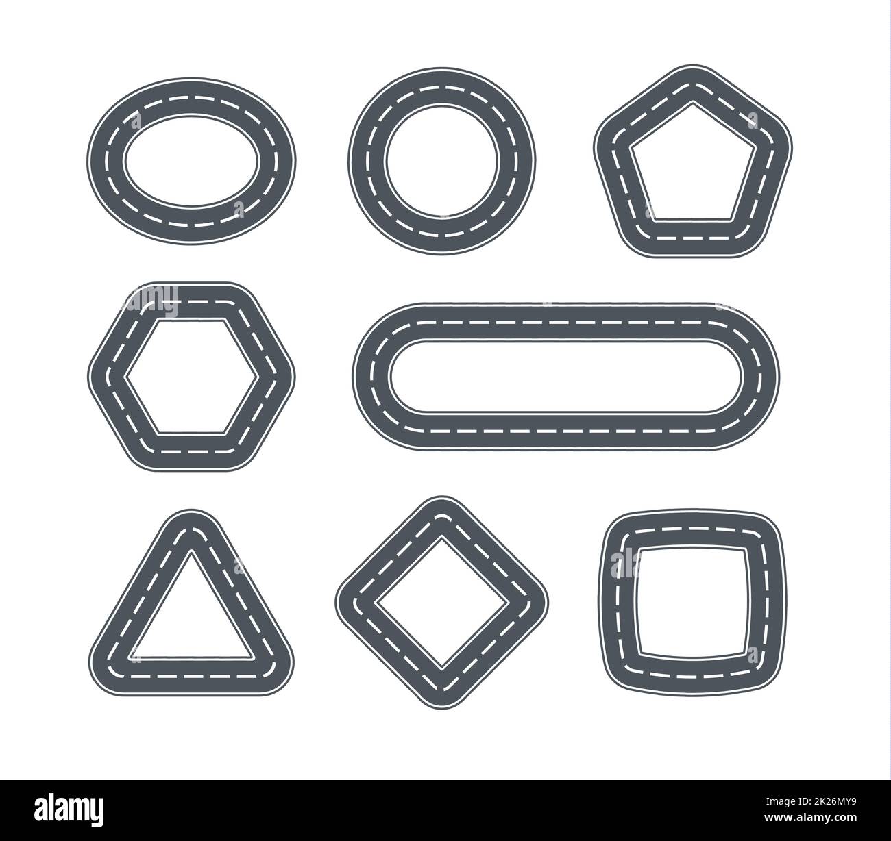 Road icons for cars in the form of geometric shapes map element. Set of closed line of car tracks. Isolated vector illustration. Top view graphic elements for toy design. Stock Photo