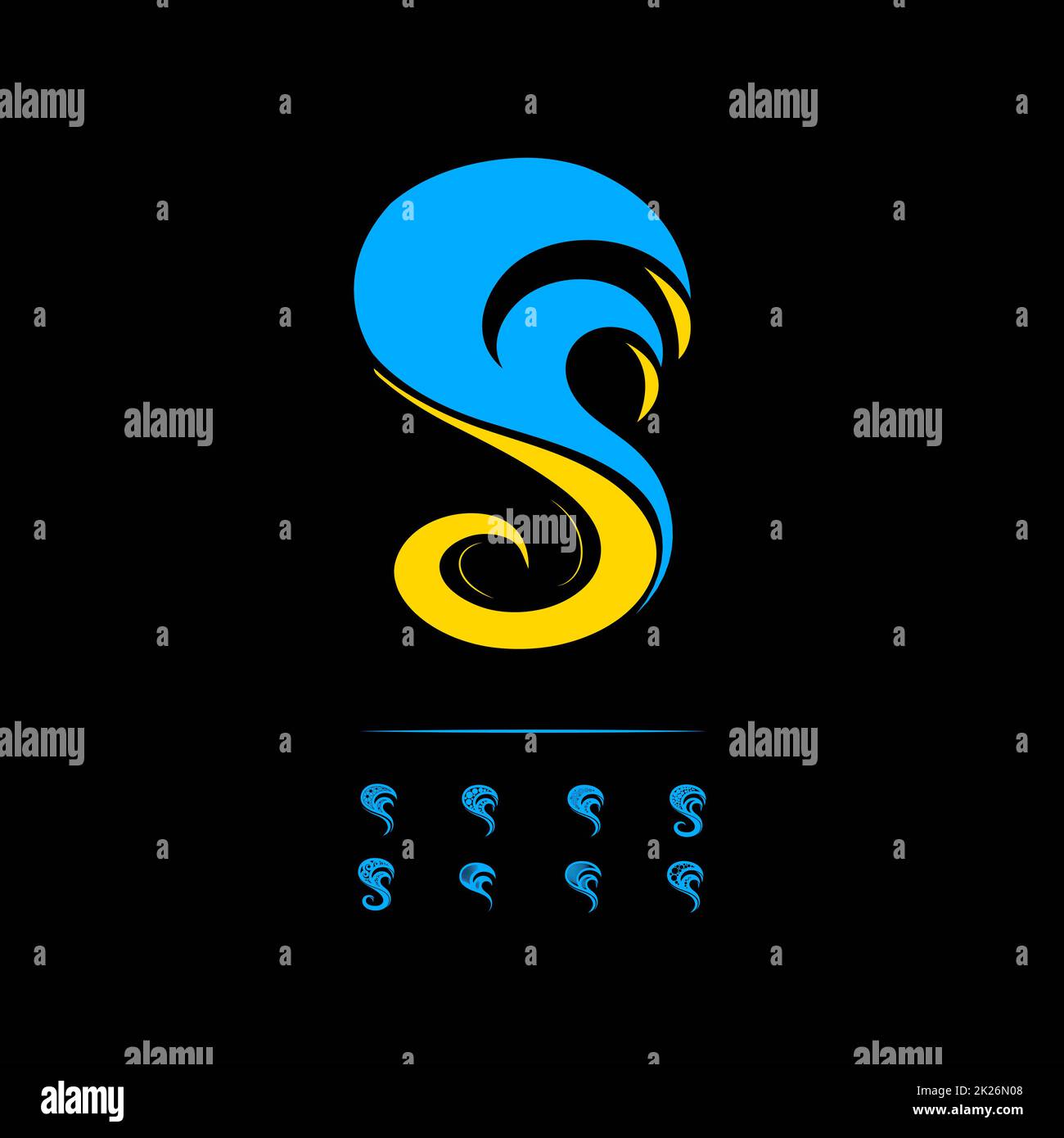 Isolated abstract women head side view vector logo. Blue and yellow color hairstyle vector illustration on the black background. Beauty salon logotype. Letter S. Letter F. Stock Photo