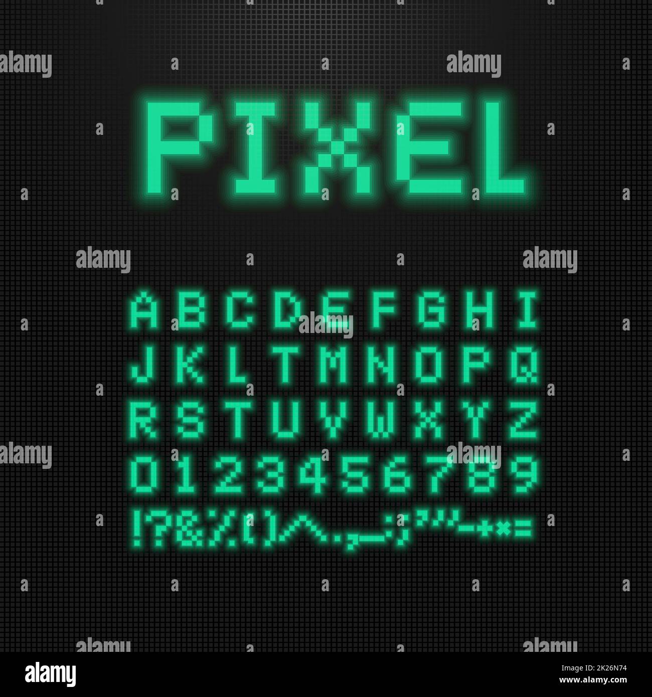 Pixel font, vector letters, numbers and signs on old computer led display. 8 bit video game typeface. Retro digital abc. Green points letters on black background. Stock Photo