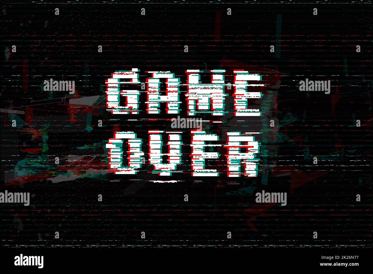 Game Over, screen message, vector illustration. Glitch effect text, digital noise background. Stock Photo