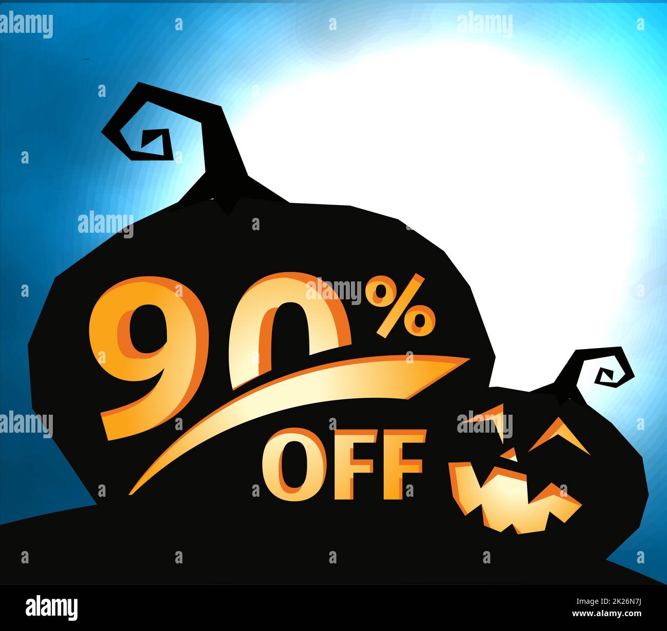 Pumpkin silhouette on dark blue sky with full moon. Halloween 90 percent off, sale banner